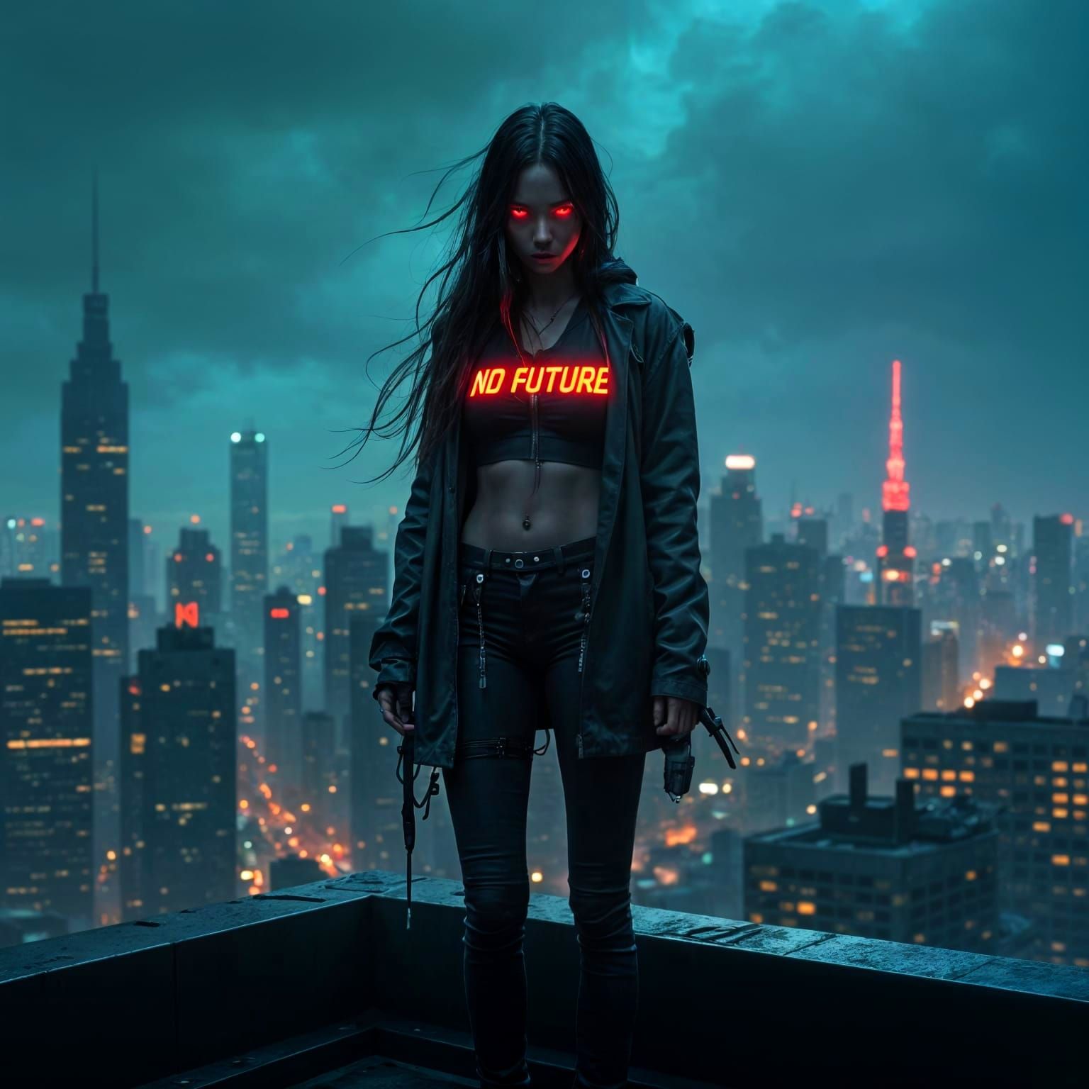 Cyberpunk Girl on Rooftop in Dystopian City