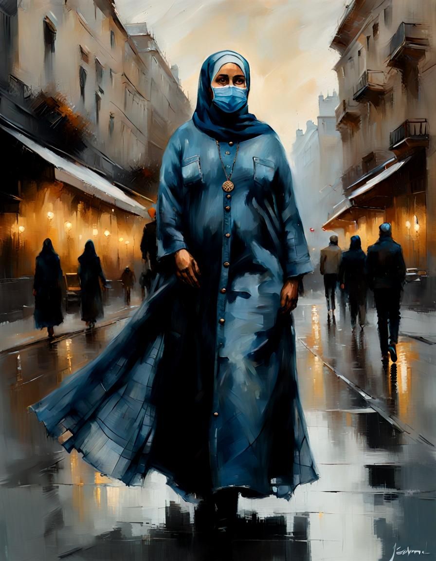 Woman in Hijab Walking Through City as Oil Painting