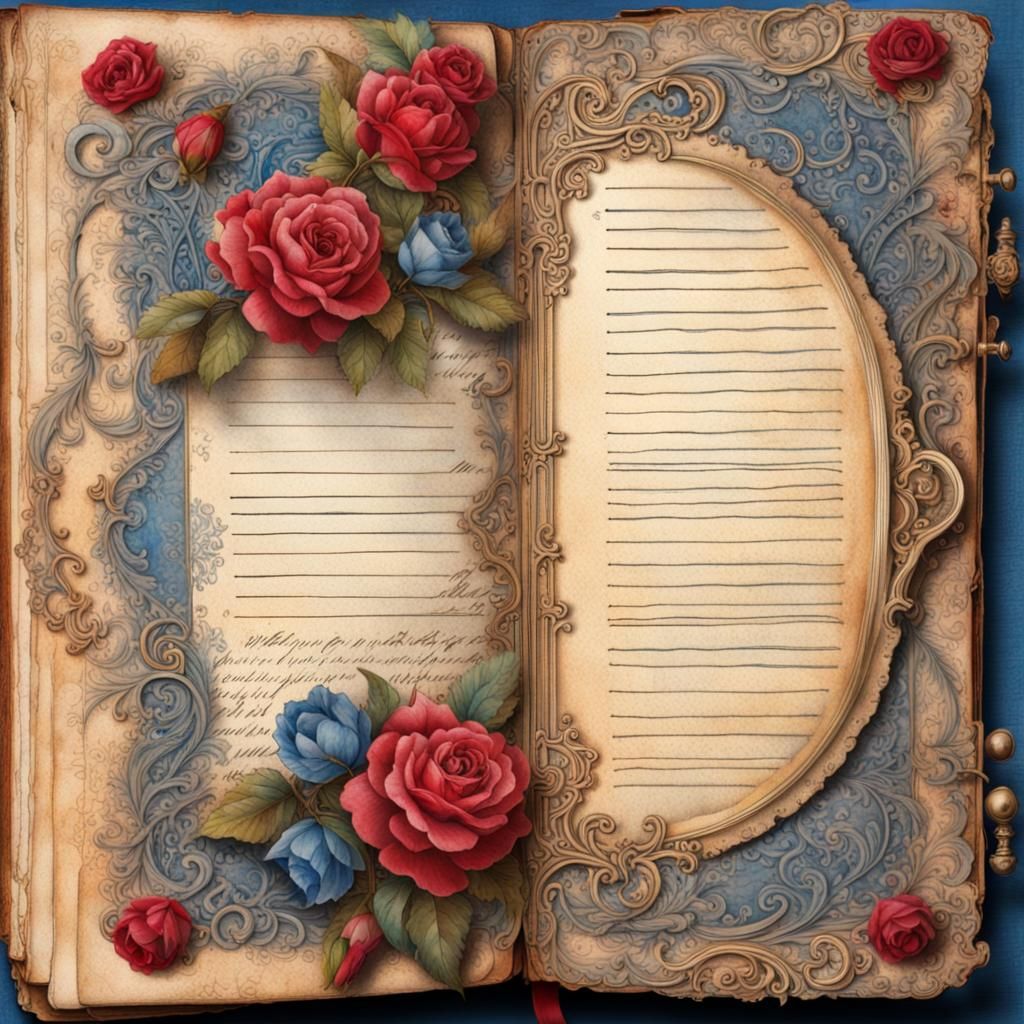 Red and Blue Roses with Rococo Frame in Watercolor