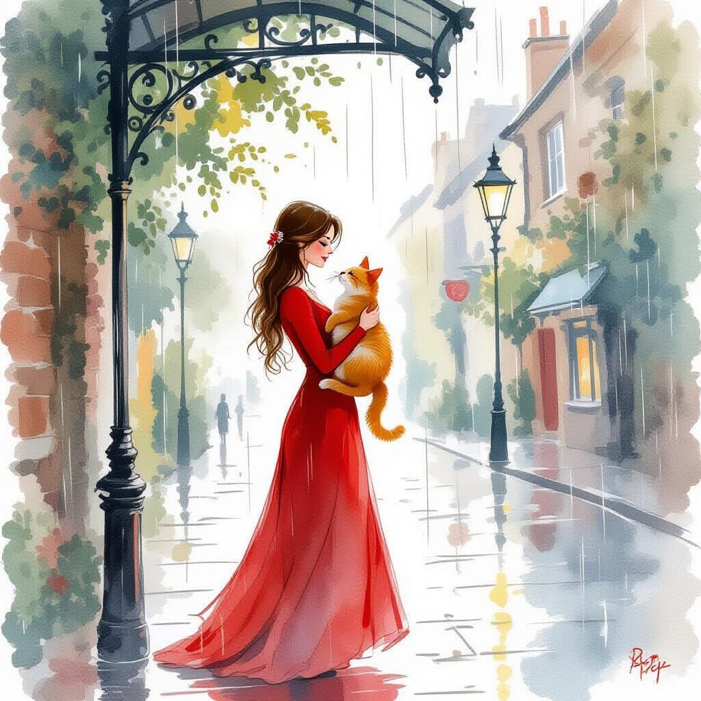 Woman with Cat in Rainy Street, Watercolor Style