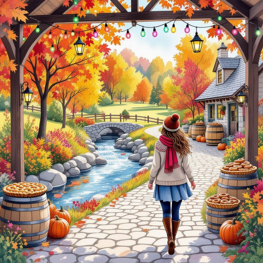 Woman in Cozy Sweater Walks by Brook Amidst Autumn Foliage
