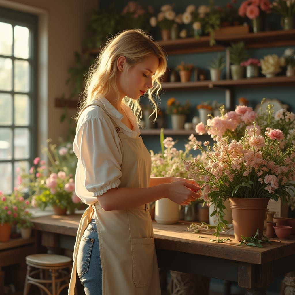 Blond Woman Arranges Flowers in Cozy Shop, Hyper Realistic