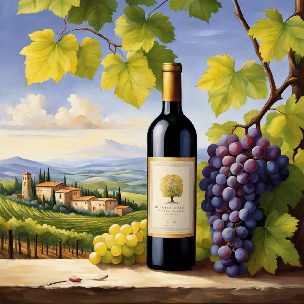 Golden Hour Vineyard Wine Scene in Watercolor