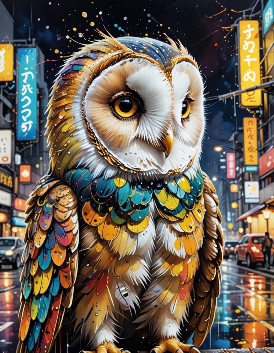 Steampunk Barn Owl with Liquid Elements in Rainbow Dress