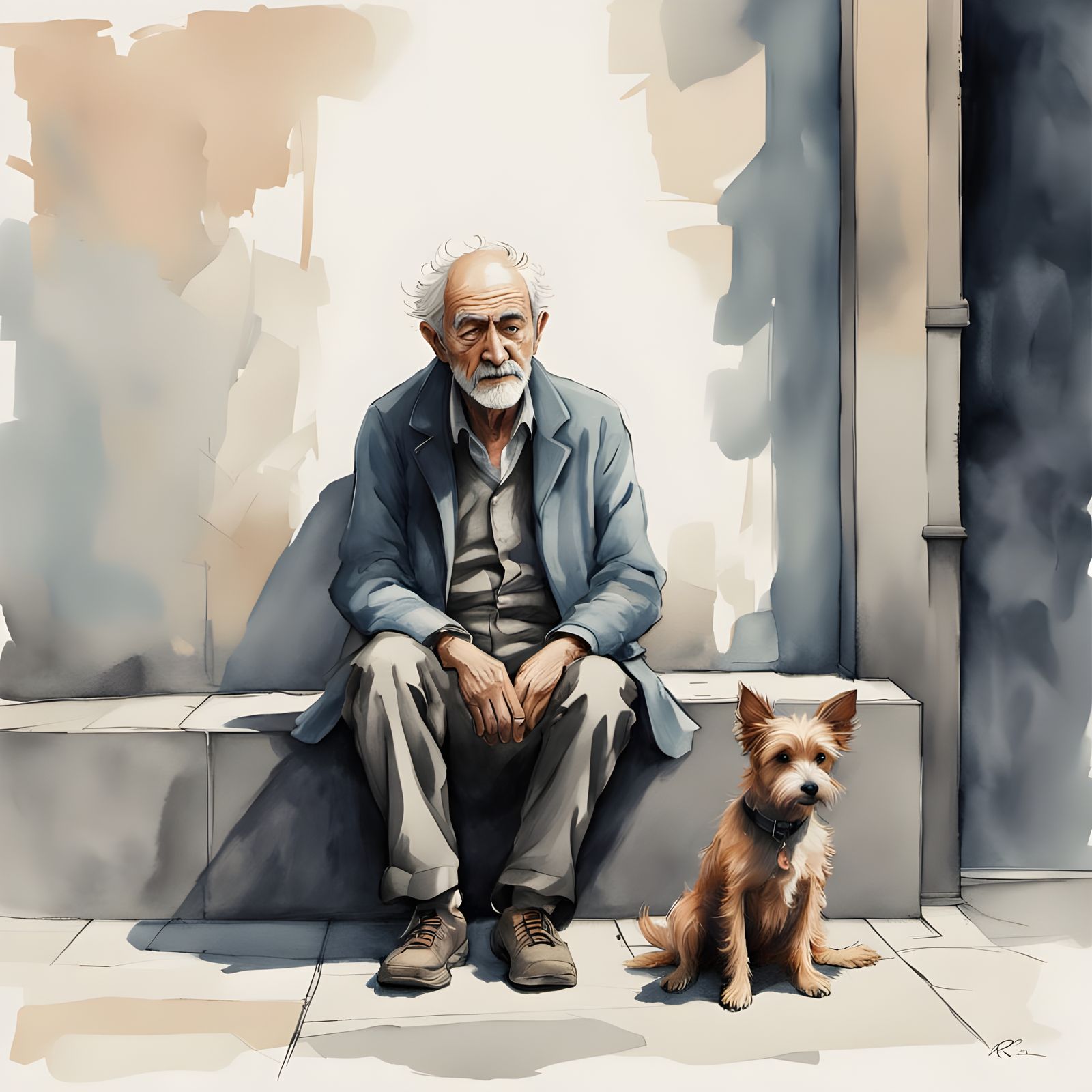 An exhausted elderly tramp sits at a street corner with his little terrier dog...