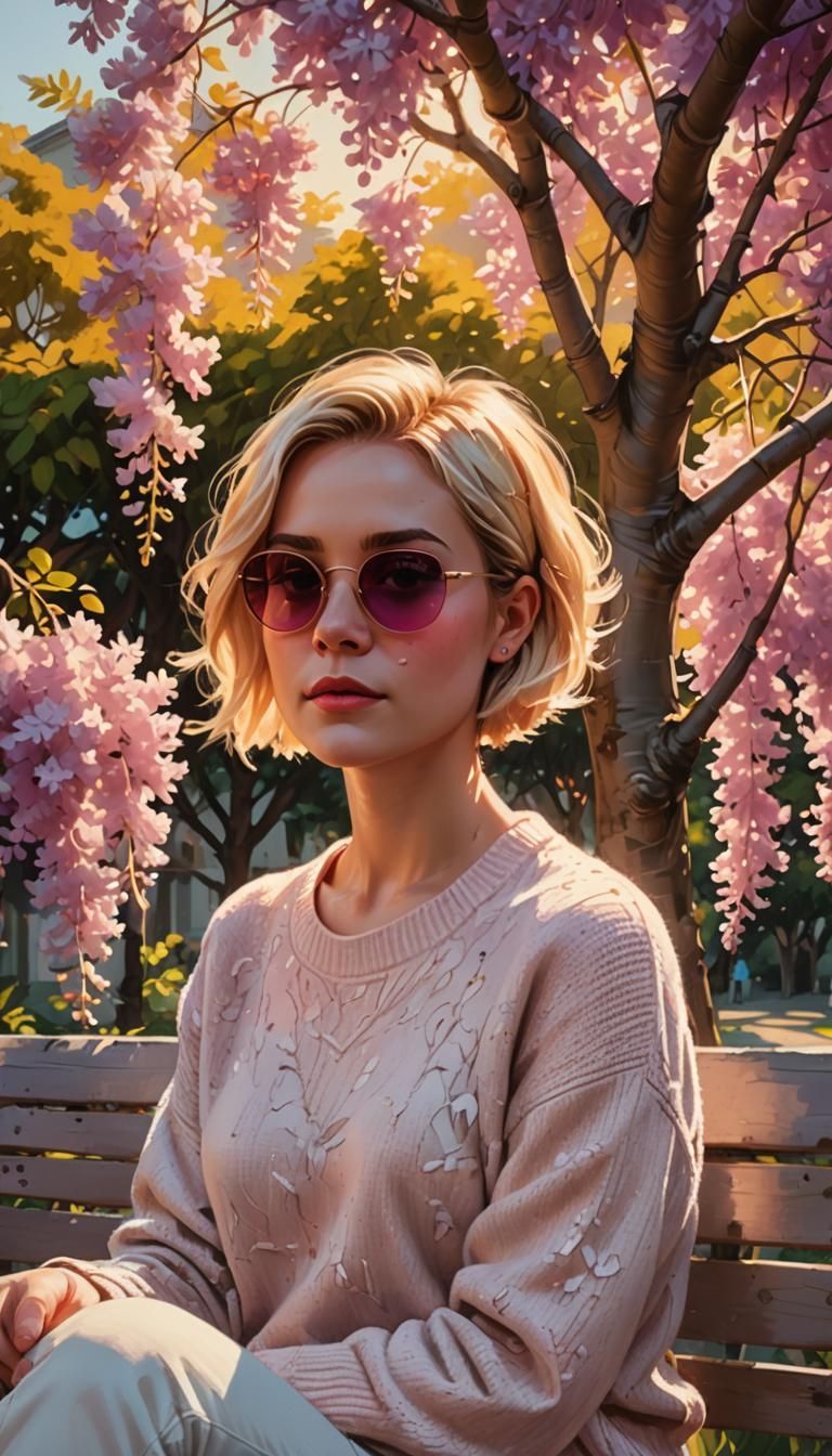 Woman in Sunglasses Under Wisteria Tree, Oil Painting