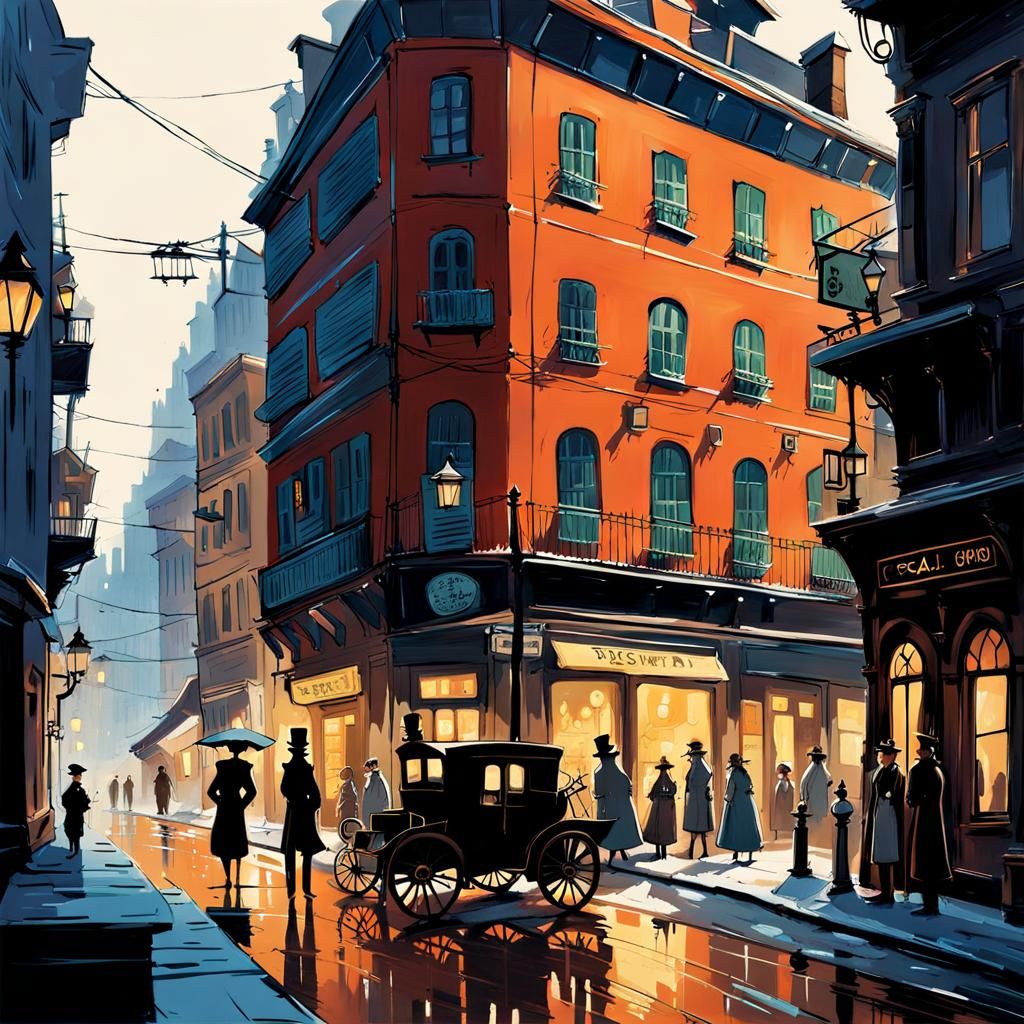 Steampunk Metropolis: Cel-Shaded Film Noir Streetscape