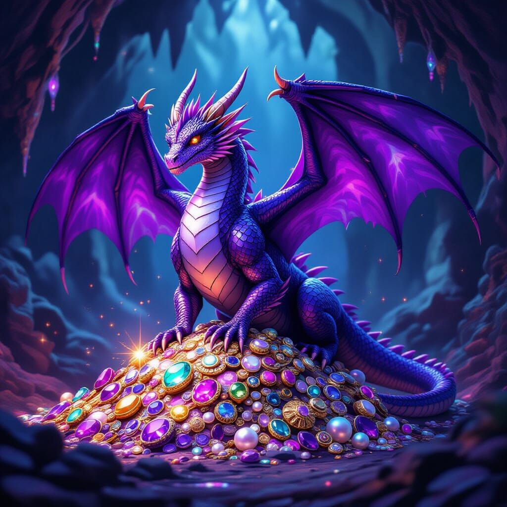 Amethyst Dragon Guarding Gemstone Hoard