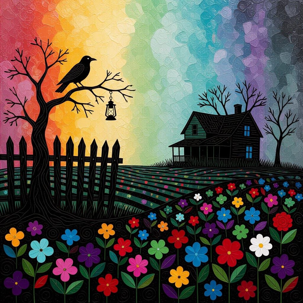 Psychedelic Abandoned Fence with Crow and Mystical Glow