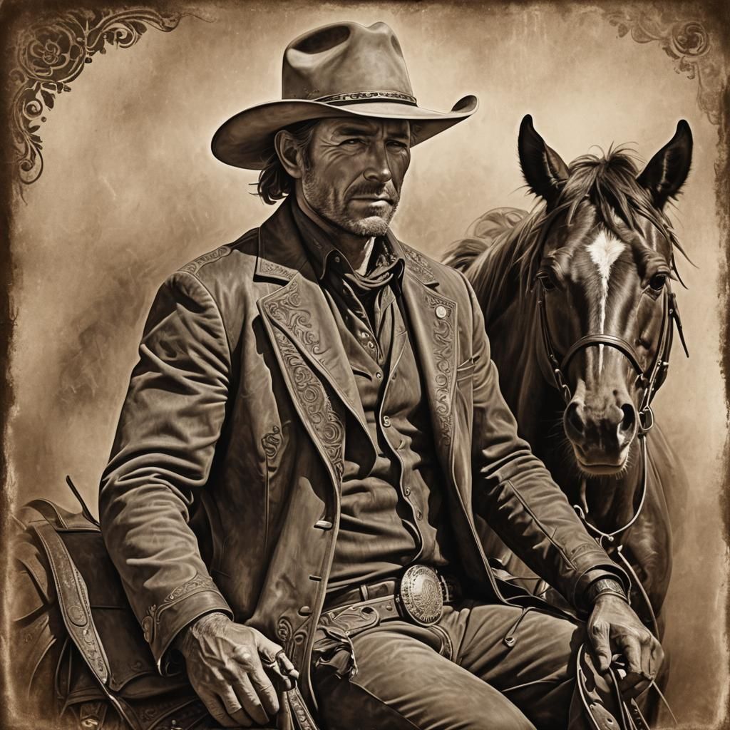 Monochrome Cowboy Portrait with Appaloosa Pony
