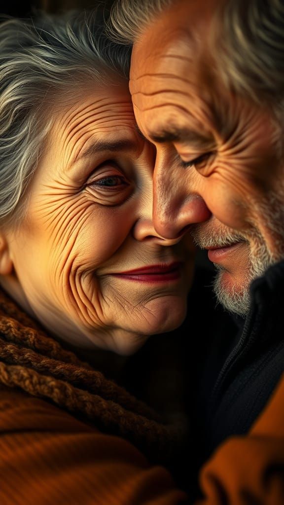 Elderly Couple's Tender Embrace: A Portrait in Golden Light