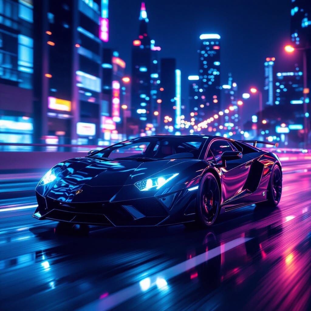 Lamborghini Revuelto on Neon Highway in Hyper-Realistic Styl...