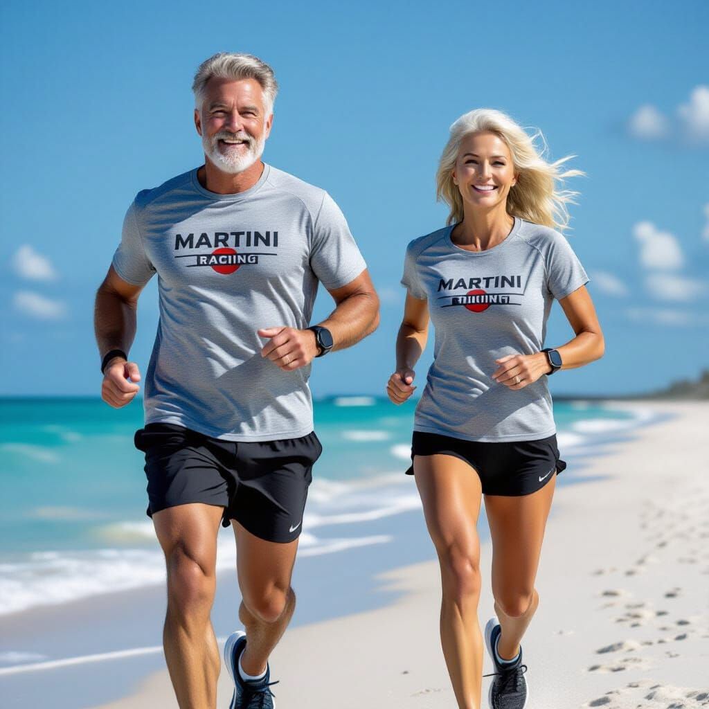 Fit Couple Running on Florida Beach in Martini Racing Gear