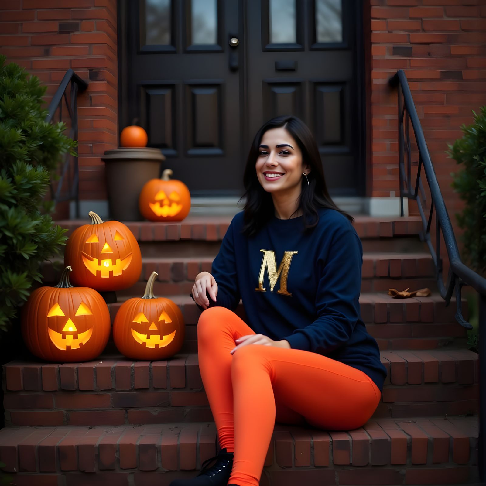 Woman with Pumpkins on Halloween Steps