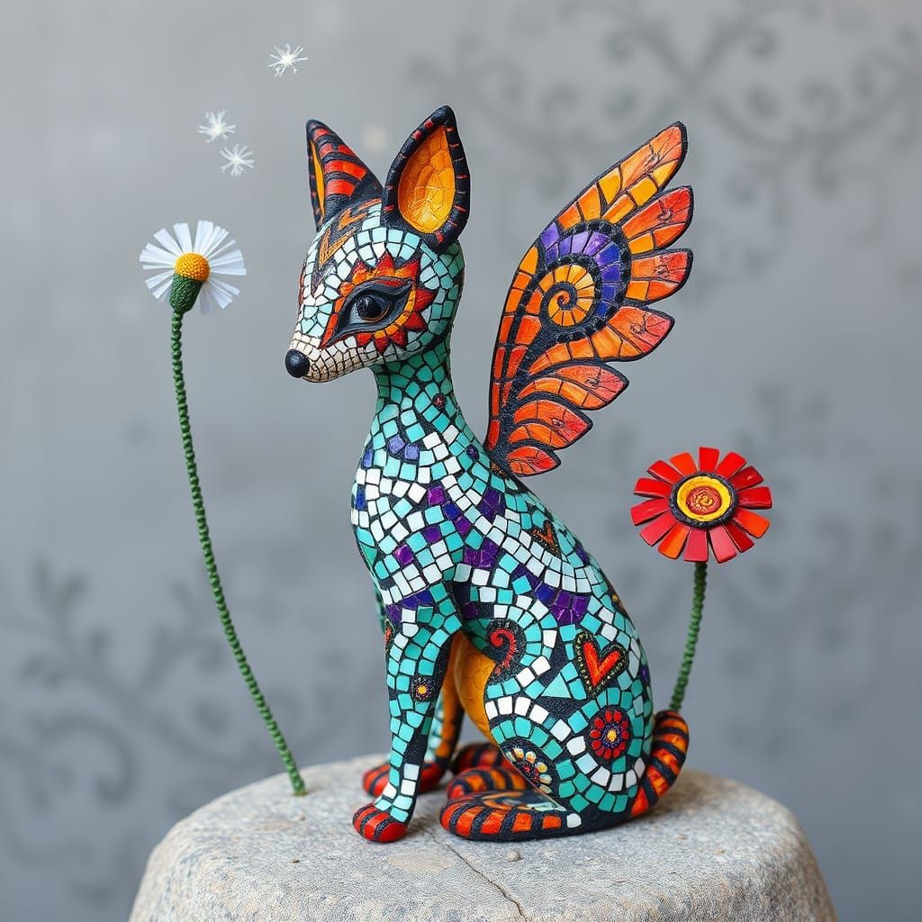 Alebrije Mosaic with Dandelion Kitsune Elements