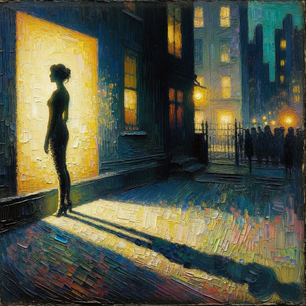 Woman Silhouette Against Bright Wall in Dark City