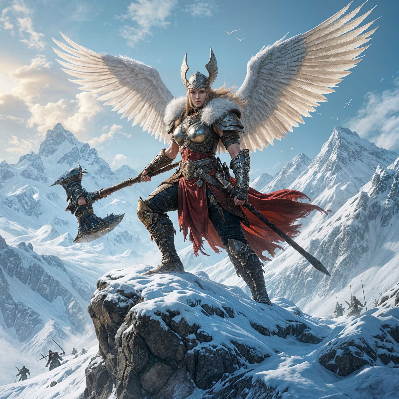 Valkyrie Warrior Defends Mountain Peak as Digital Painting