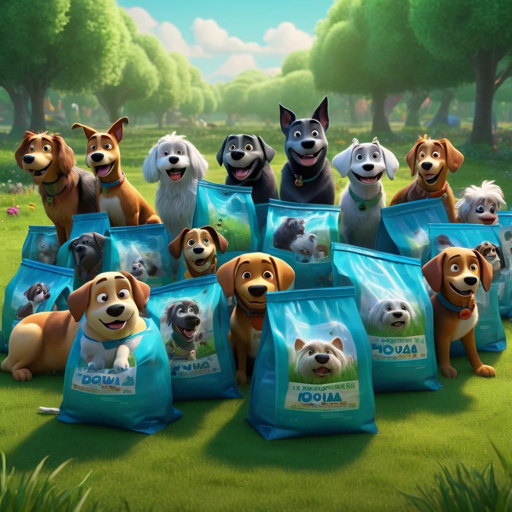 Ten Dogs Pooping in Grass: Pixar-style 3D Art