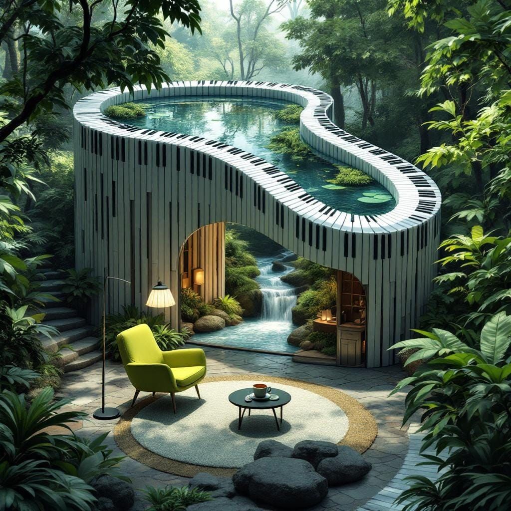 Surreal Piano Key House in the Jungle