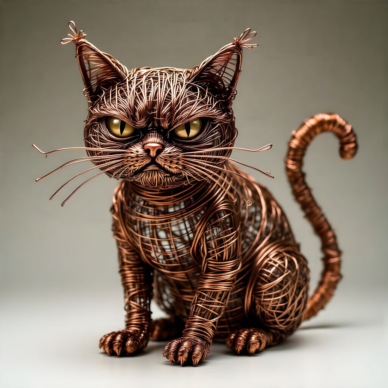 Copper Wire Sculpture of a Grumpy Cat