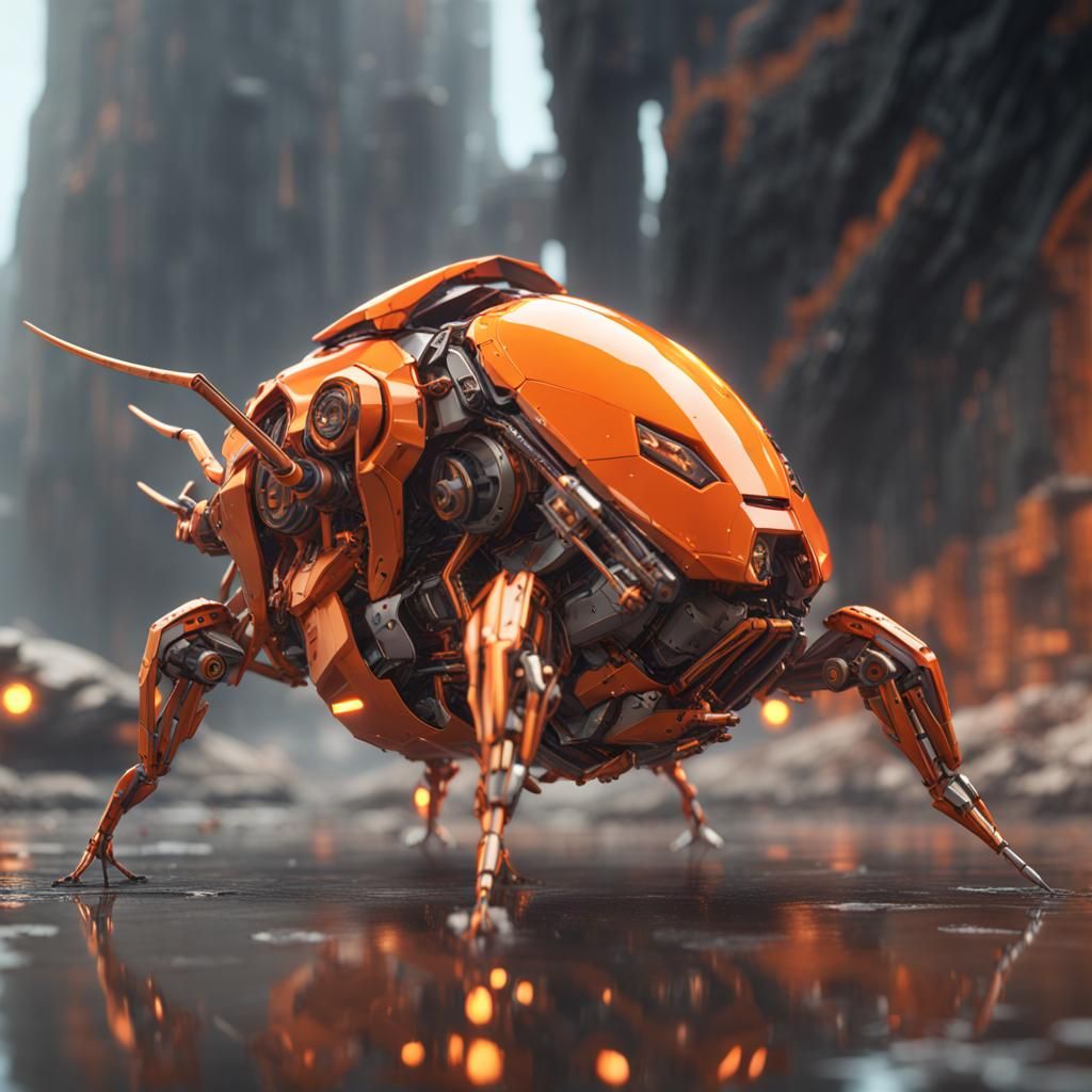 Orange Mecha Roach with Poisonous Saliva in Sci-Fi Style
