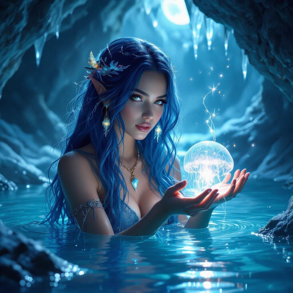 Enchantress Conjuring Spell in Underwater Grotto
