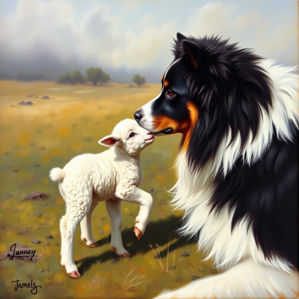 Nervous Lamb Seeks Mother Near Border Collie