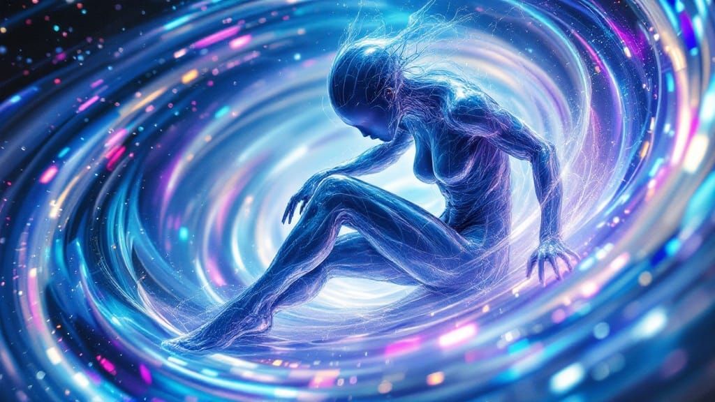 Cosmic, Futuristic Humanoid in Quantum Vortex