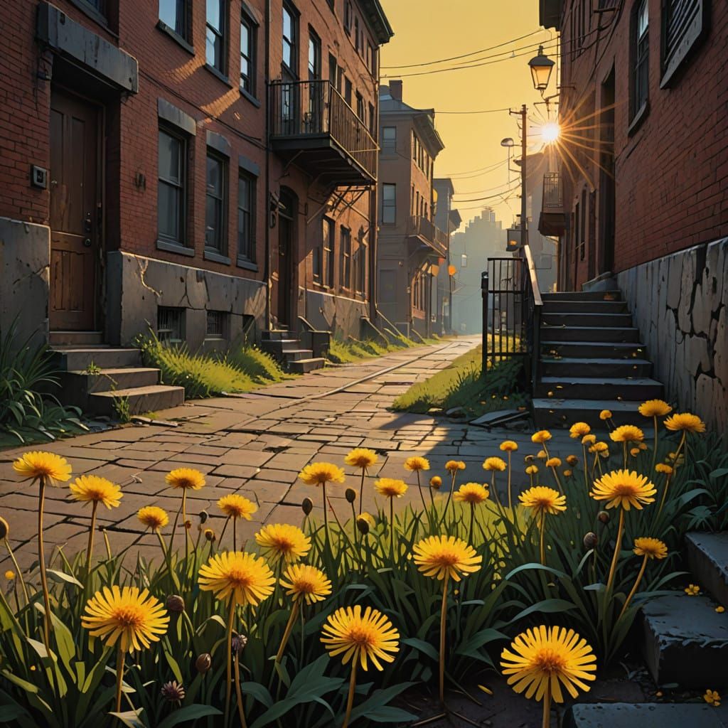 Dandelion Seeds Dance on Evening Breeze in Urban Beauty
