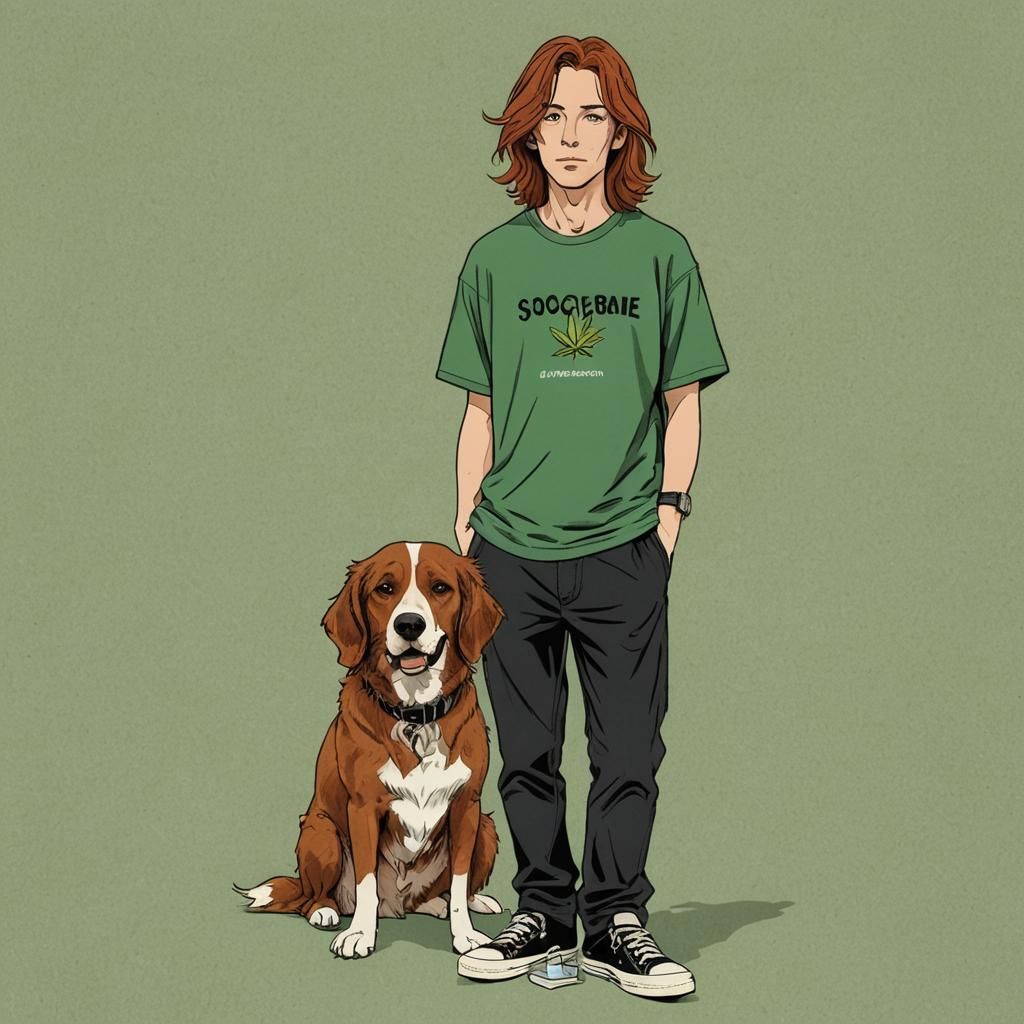 Man Smoking with Dog in Vintage Anime Style