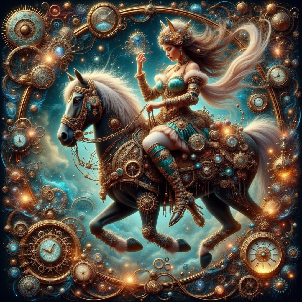 Steampunk Victorian Woman Rides Clockwork Vortex