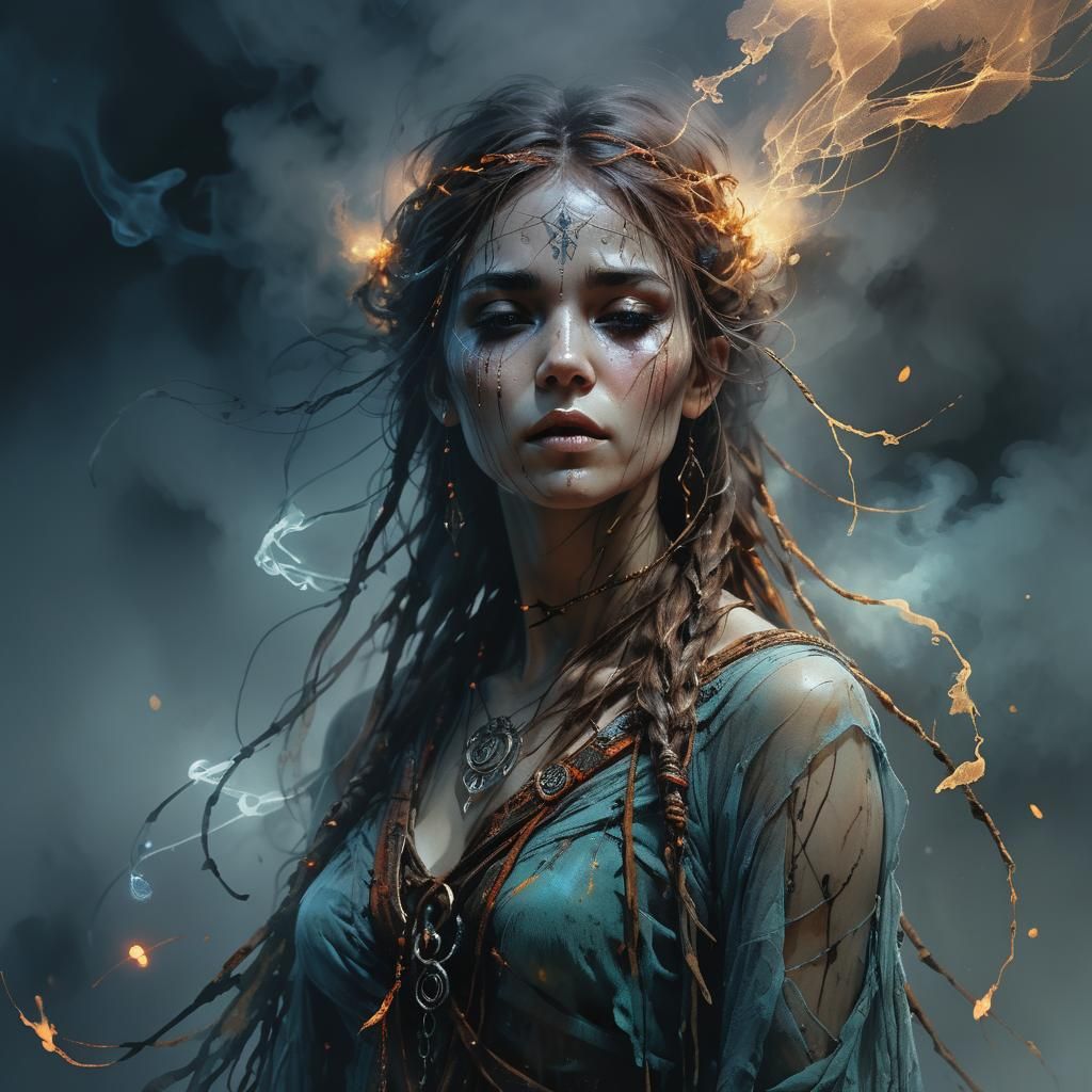 Ethereal Woman in Mist: Dark Fantasy Portrait