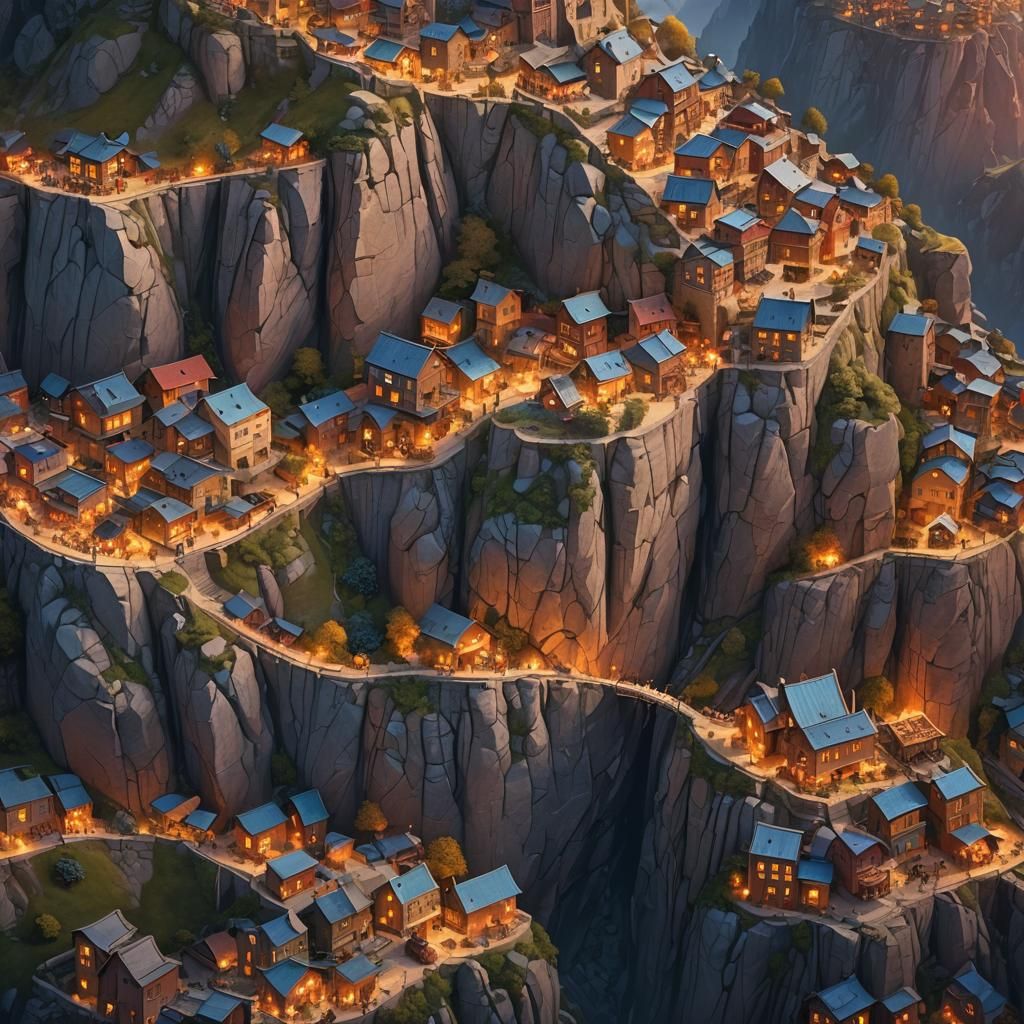Fantastical Cliffside Cityscape at Sunset: Matte Painting