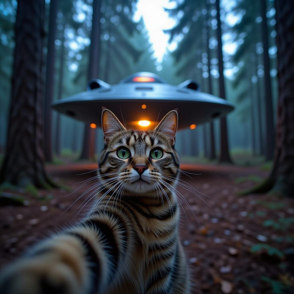 Cat Selfie with Spaceship in Woods at Night
