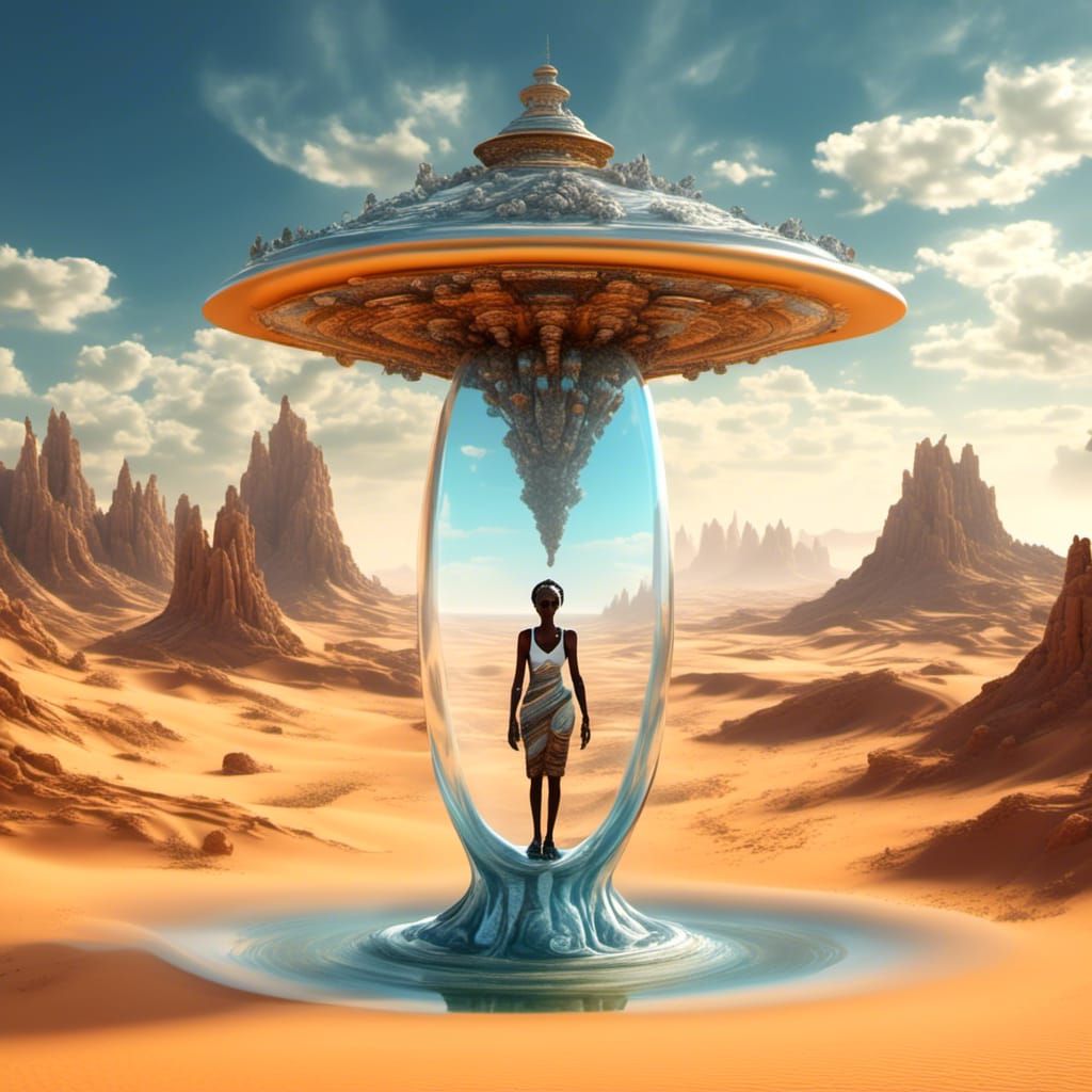 Desert Landing: Woman with Antelope Mask in Magic Surrealism