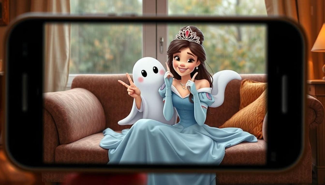 Disney Princess and Ghost Selfie in Autumn Rain