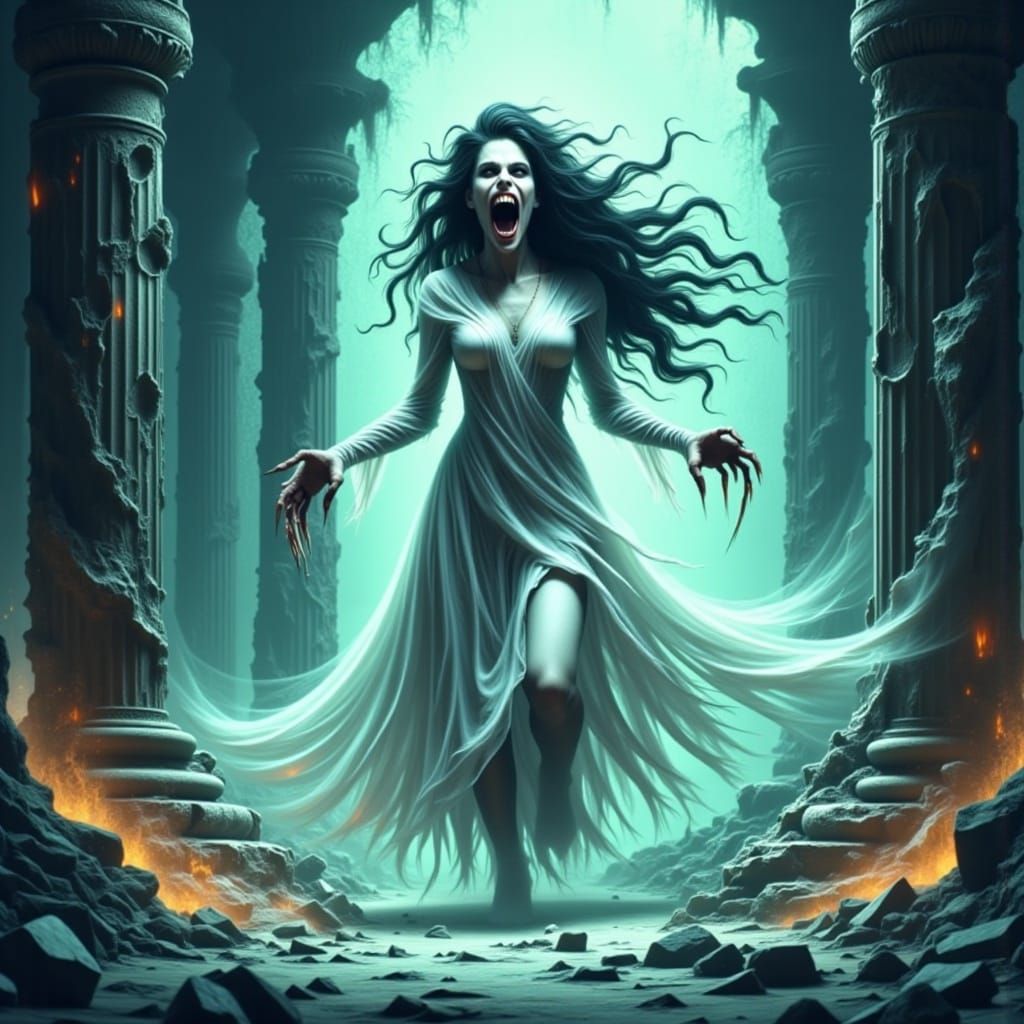 Furious Banshee Specter in Ancient Temple Ruins