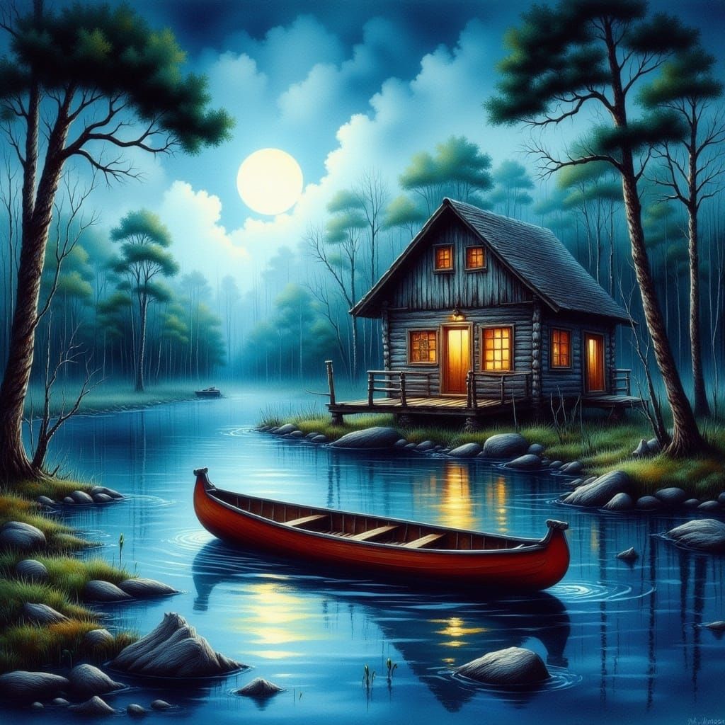 Swamp Boathouse Canoe Under Full Moon in Ink and Oil