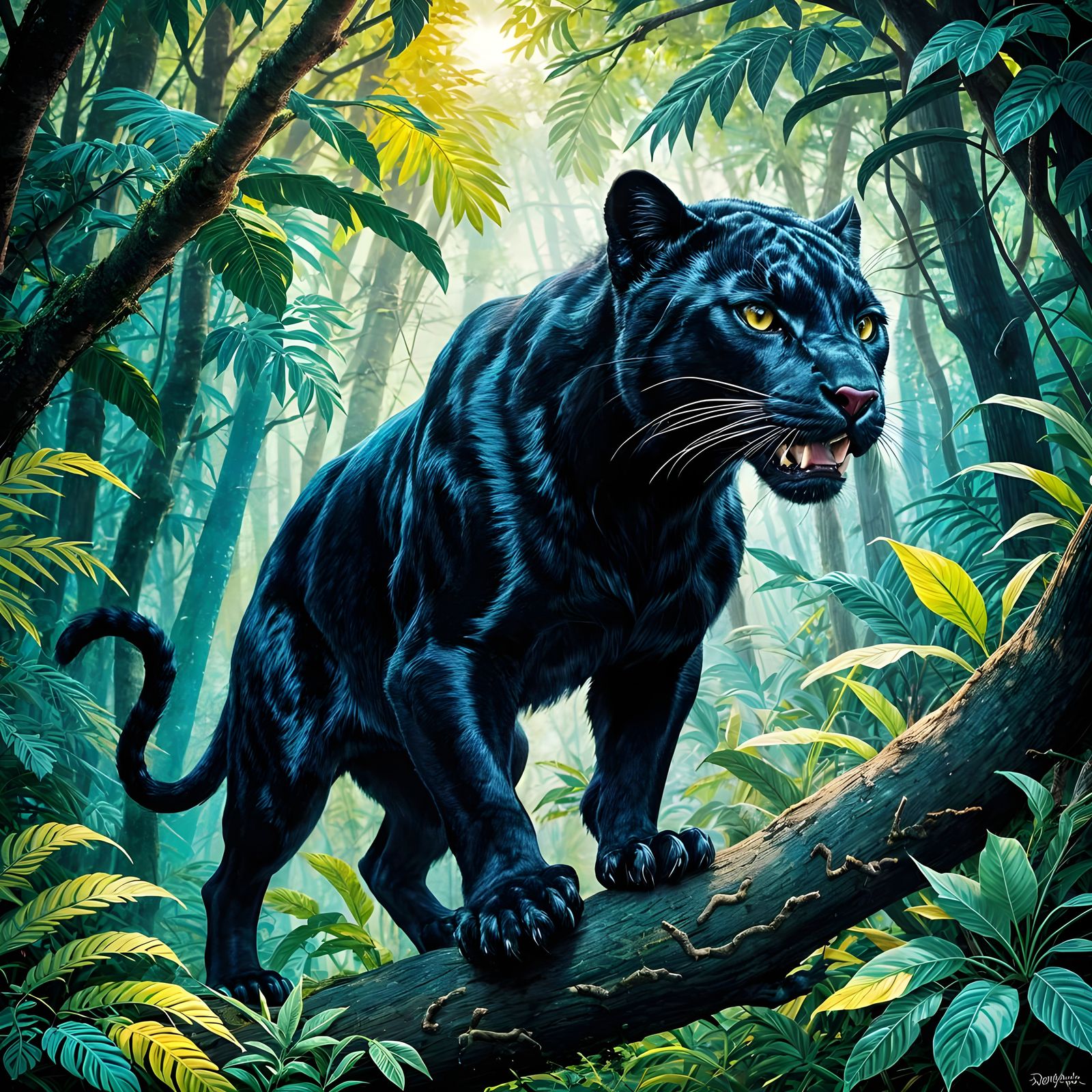 Black Panther Hunting Prey in Jungle Airbrush Art