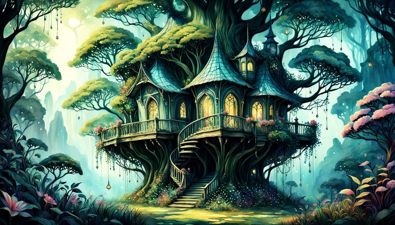 Whimsical Fantasy Treehouse in Vibrant Watercolor