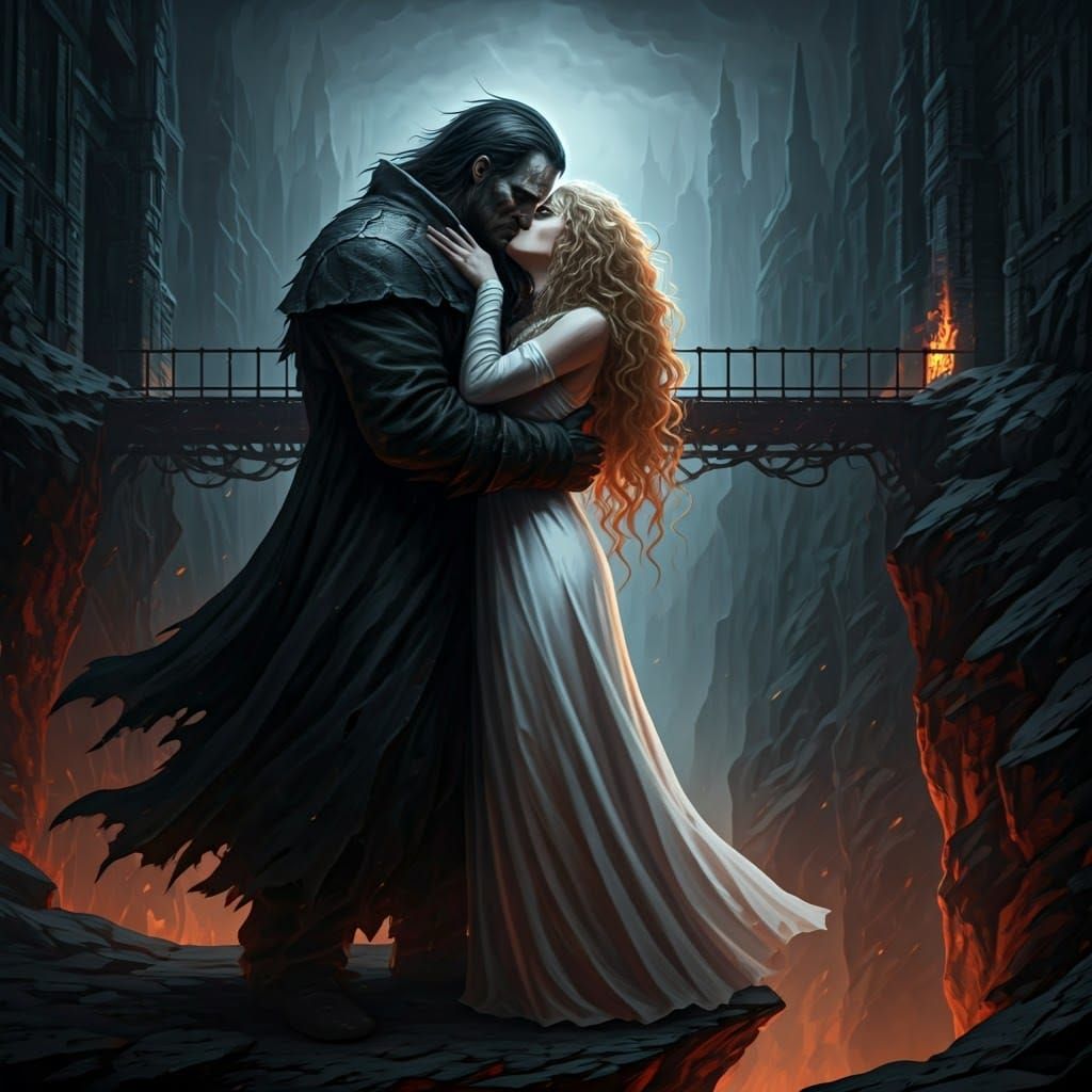 Dark God of Chaos in Passionate Kiss with Lovely Woman on Ed...