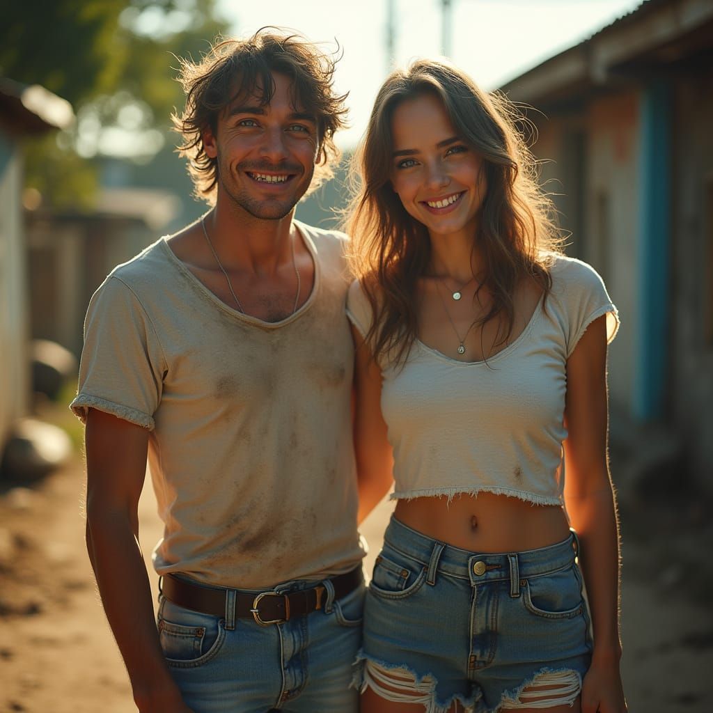 Comically Disheveled Couple in Cinematic Film Still Style