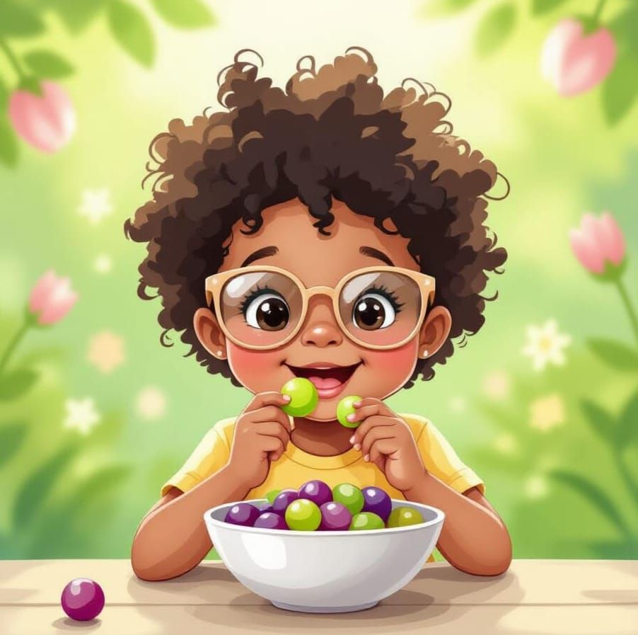 Cute Kid Eating Grapes in Delicate Pastel Illustration
