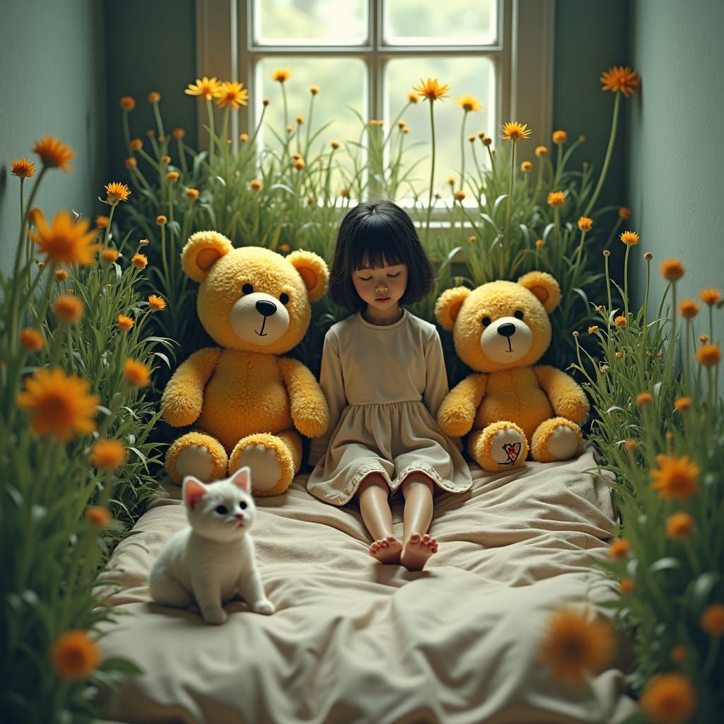 Girl in Whimsical Bedroom with Teddy Bears