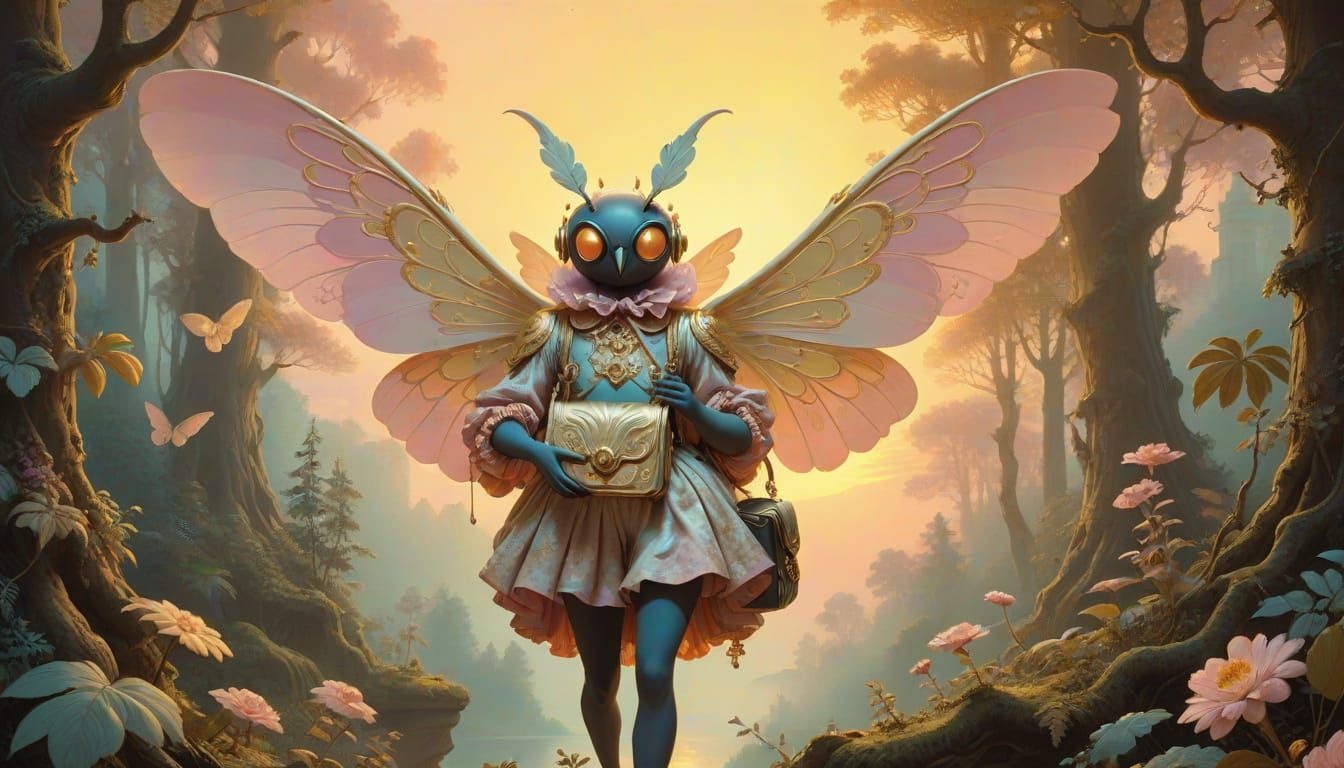 Mystical Mothman in Whimsical Rococo Science Fiction