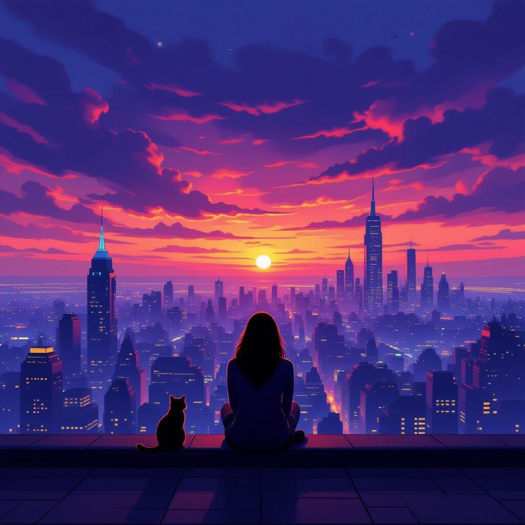 Woman Contemplates Futuristic City at Dusk in Neo-Impression...