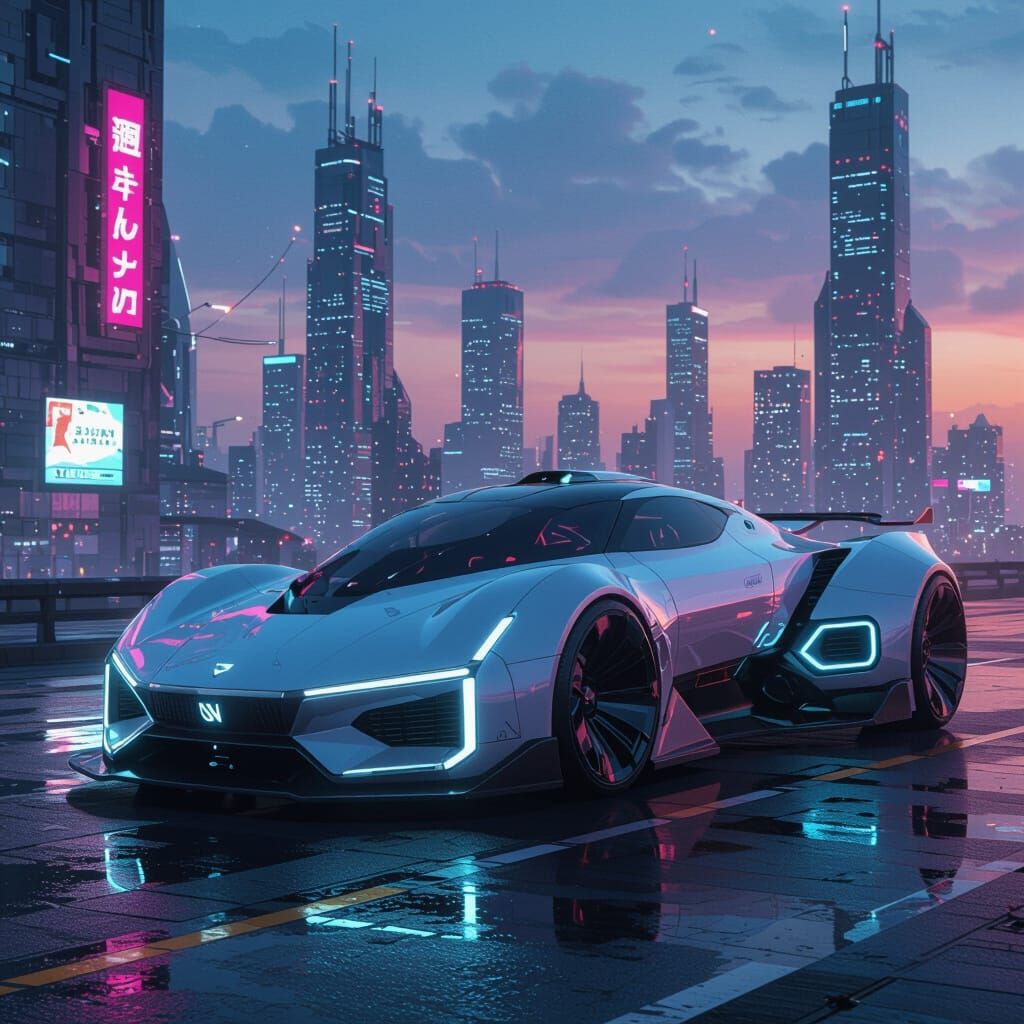 Futuristic 2074 Vehicle in Cyberpunk Cityscape