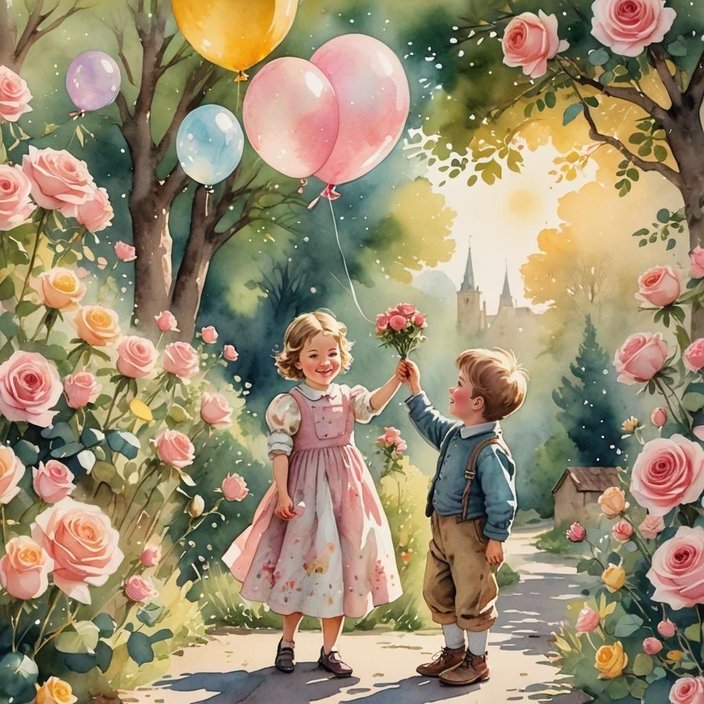 Cartoon Boy Gives Mother Flowers for Birthday