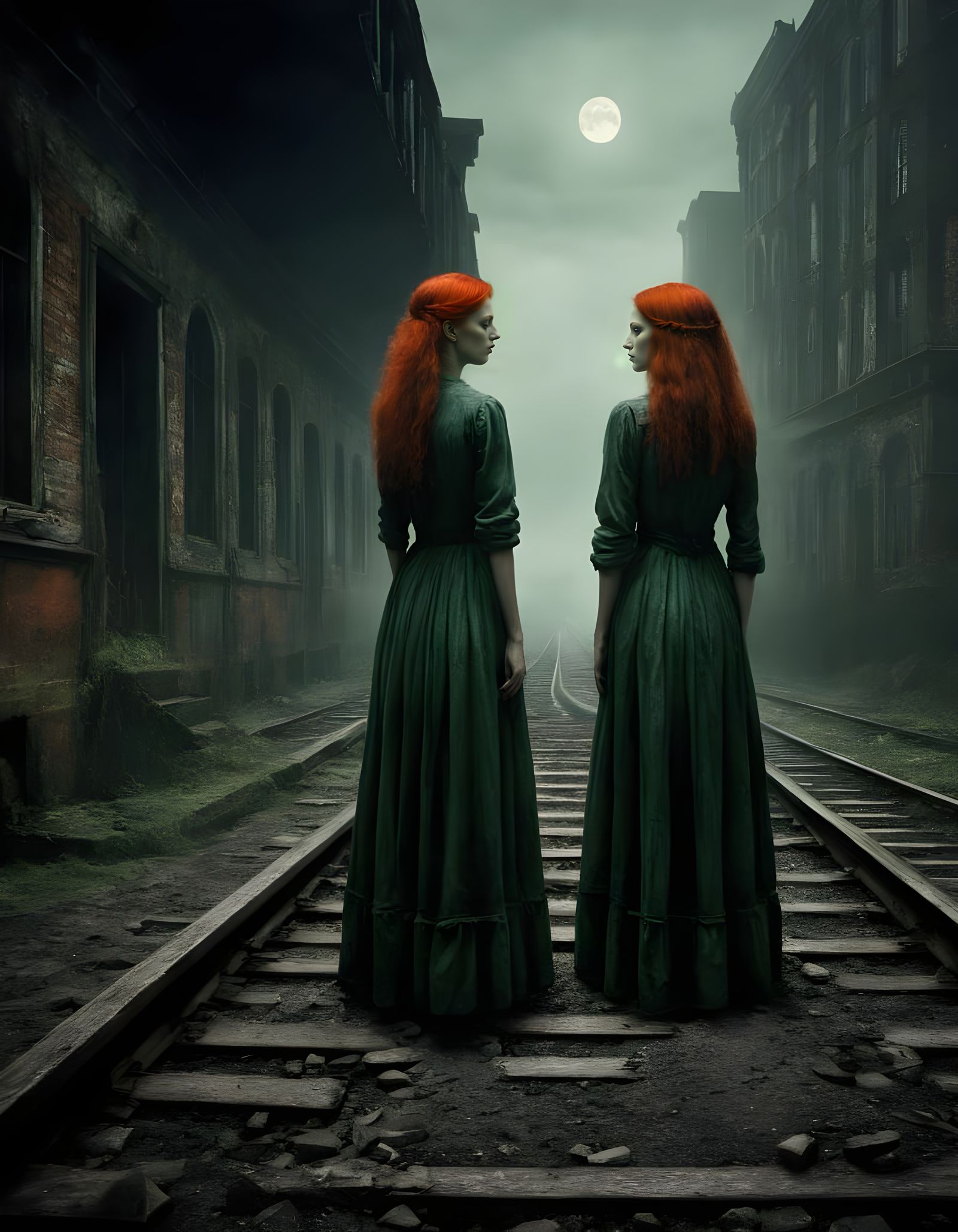 Mysterious Twin Sisters in Abandoned Landscape