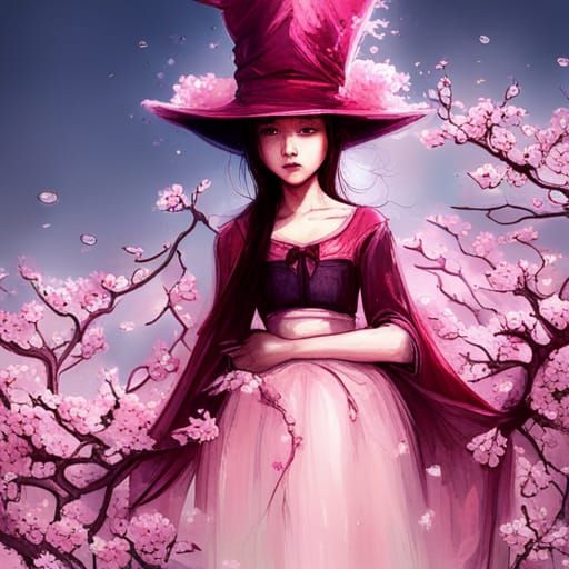 Pink Manhwa Witch with Cherry Blossoms, Hyperrealistic Style